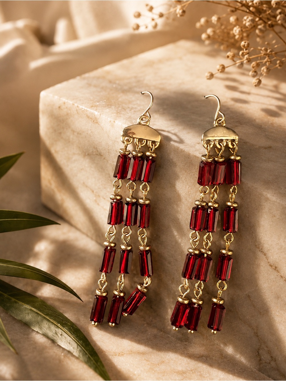 Gold-Tone Drop Earrings with Deep Red Beaded Strands